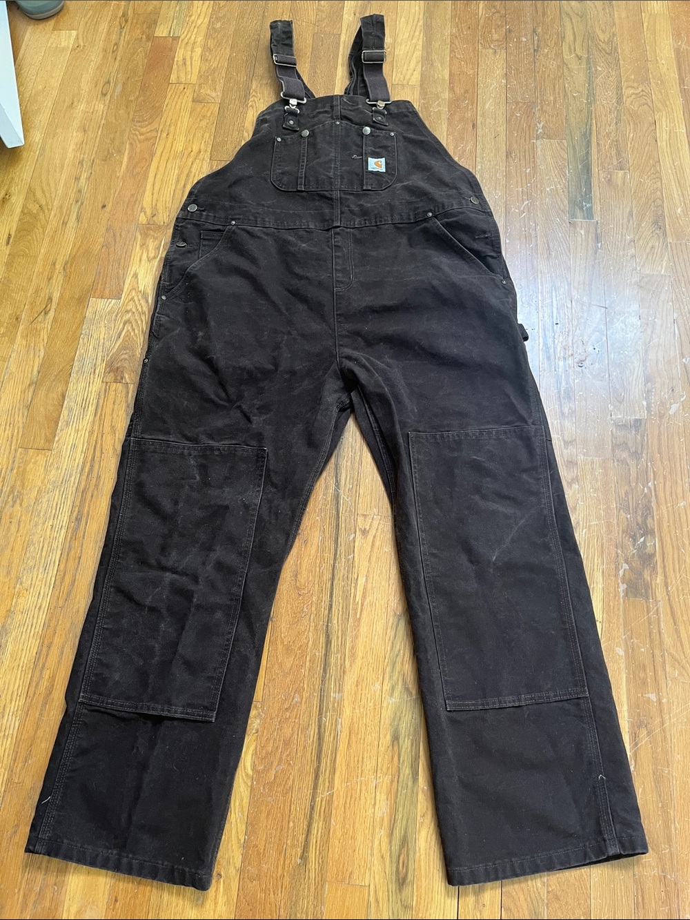 YOUTH XL Vintage Carhartt Brown Duck Cargo Overalls Reinforced Knees